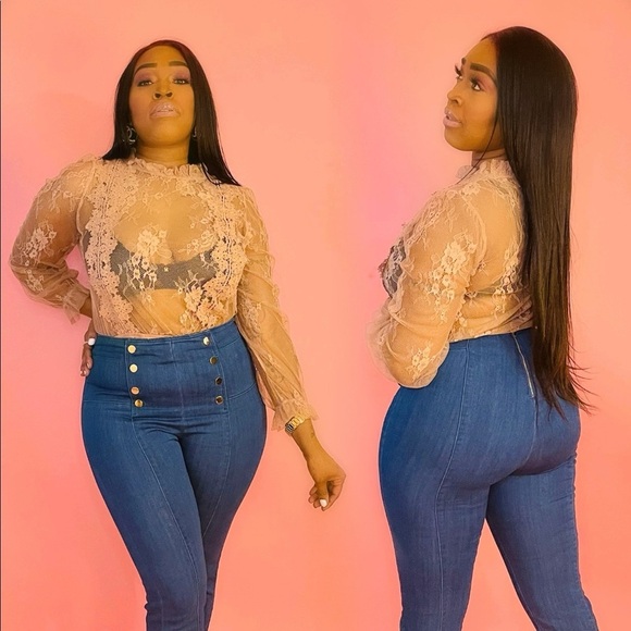 Women’s Taupe Floral Lace Embroidered Sheer Mesh Long Sleeve Blouse Shirt - Picture 2 of 6